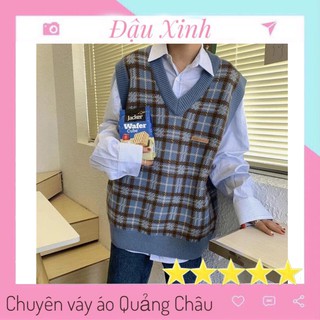 Áo gile len cổ V họa tiết kẻ caro dáng rộng phong cách hàn quốc - 008