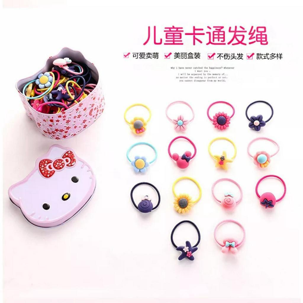 Set 40 Dây Buộc Tóc Cute Cho Bé Siêu Xinh Nhiều Mẫu Hộp Kitty Thiếc