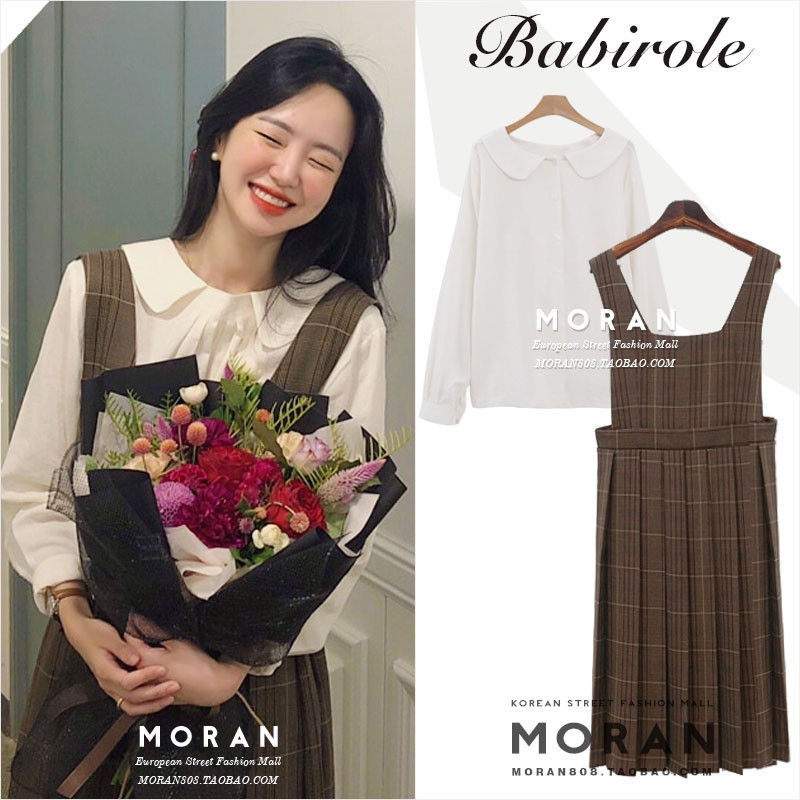 (HÀNG SẴN) Váy yếm kẻ xòe xếp ly MORAN phong cách Hàn Quốc Vintage
