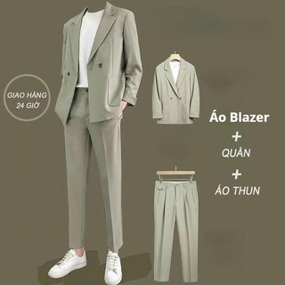 Set blazer nam gồm quần âu và áo vest khoác form rộng thời trang áo thun