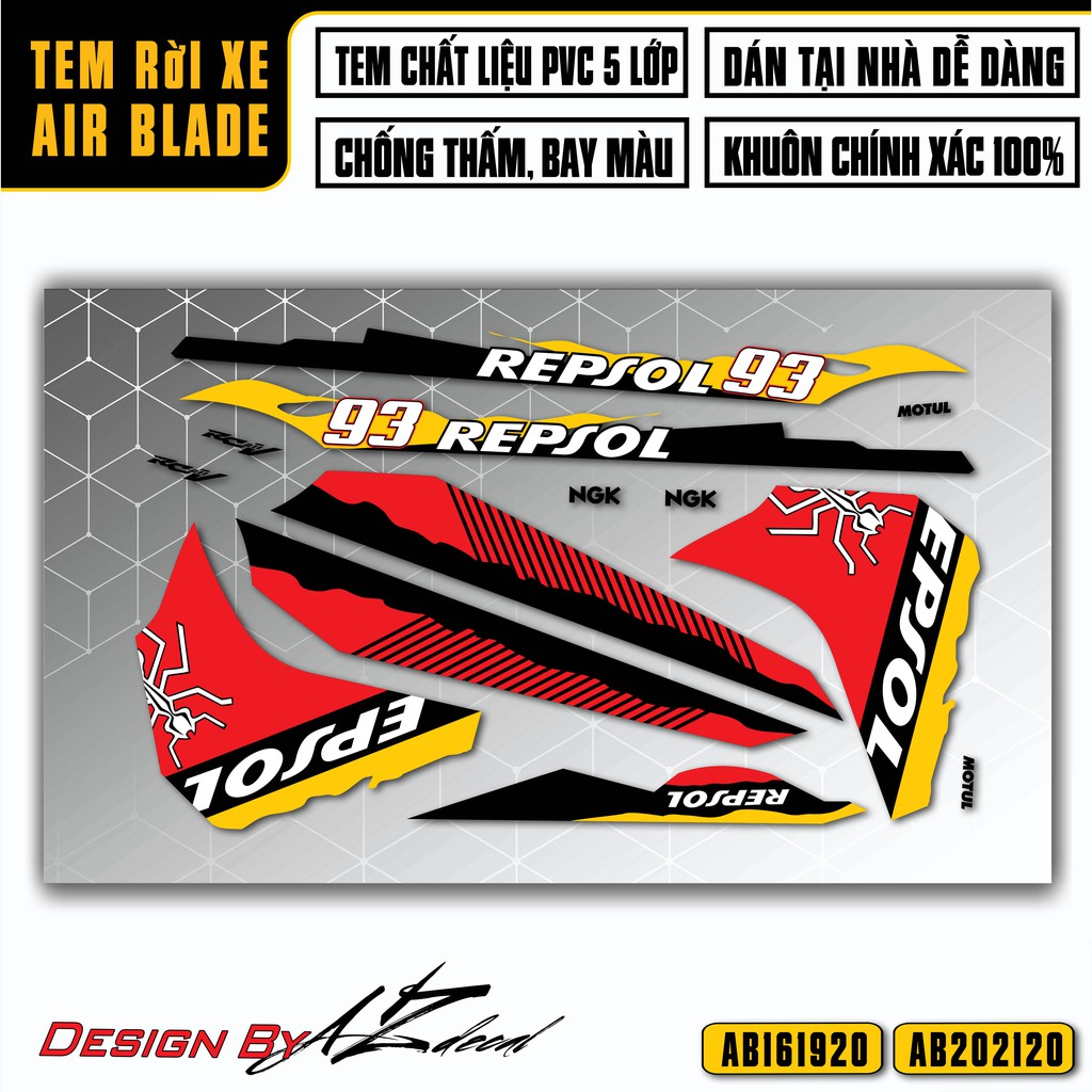 Tem Repsol Xe Airblade, Đa Dạng Màu Tem | AB20 | Chất Liệu Decal PVC Cao Cấp Chống Nước, Chống Bay Màu