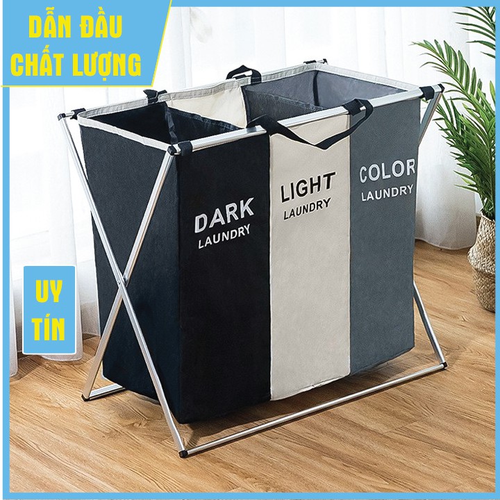 Giỏ đựng đồ giặt 3 ngăn tốt, Giỏ vải gấp gọn đựng quần áo chất lượng cao