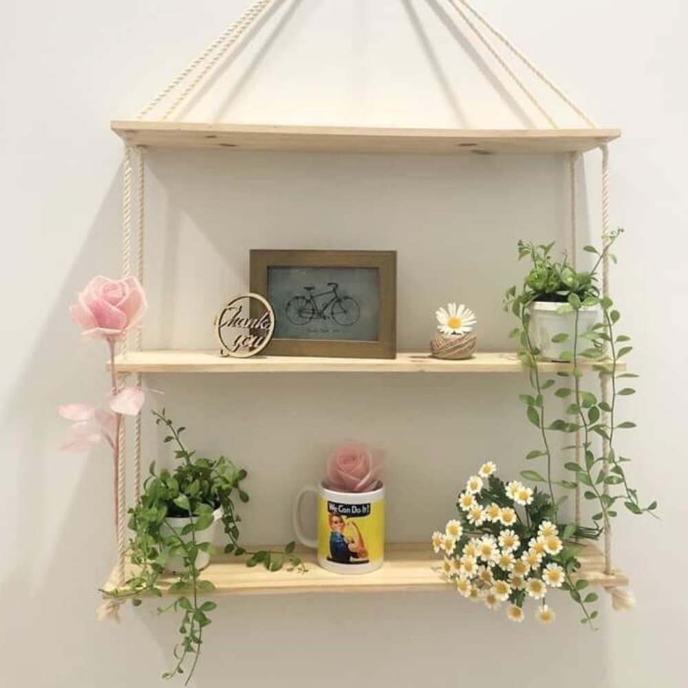 Kệ gỗ trang trí dây thừng treo tường phòng khách ban công 1 thanh