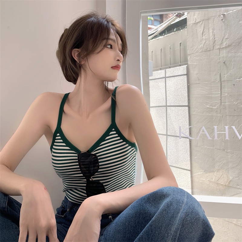 Áo Thun Không Tay Kẻ Sọc Màu Xanh Lá Thời Trang Mùa Hè Cổ Điển Cho Nữ