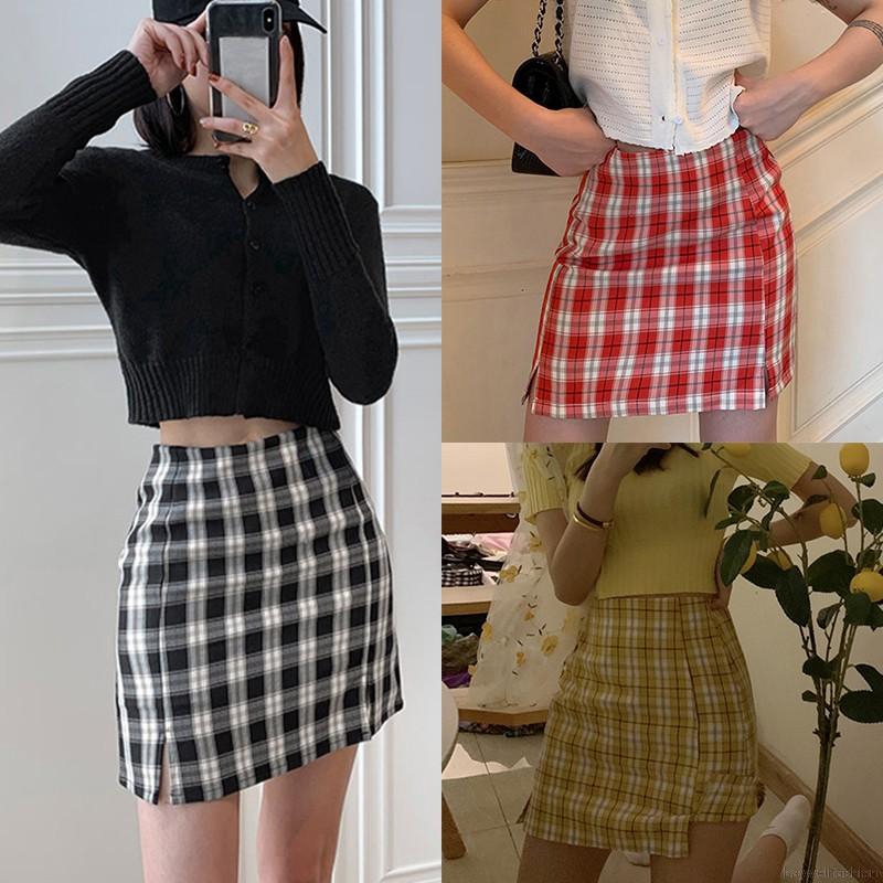 [Baywellfashion]Fashion New Stitching Color Lattice High Waist Skirt