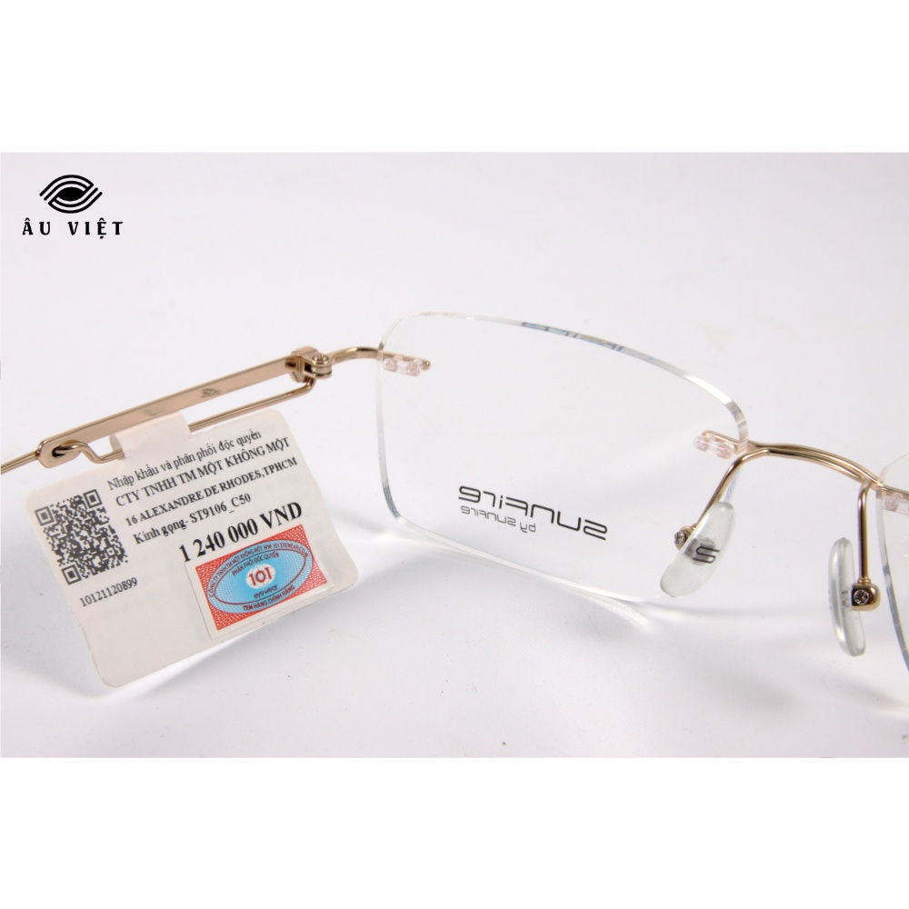 Gọng kính khoan nam nữ kim loại titanium dáng vuông chữ nhật Sunfire ST-9106 màu nâu vàng Full box