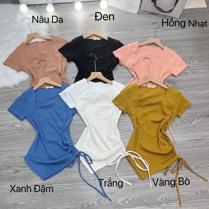 Áo thun body nữ trơn tay ngắn cổ lệch rút một bên eo