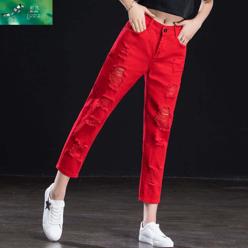 Quần Jeans Lửng Lưng Cao Ống Rộng Thiết Kế Rách Màu Đỏ Phong Cách Mới 2021 Cho Nữ