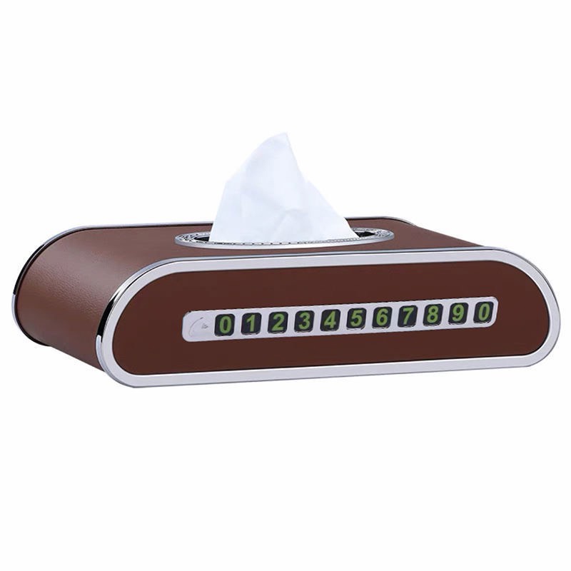 Hộp da đựng giấy ăn trên ô tô cao cấp có đồng hồ và bảng số điện thoại, chất liệu da PU cao cấp