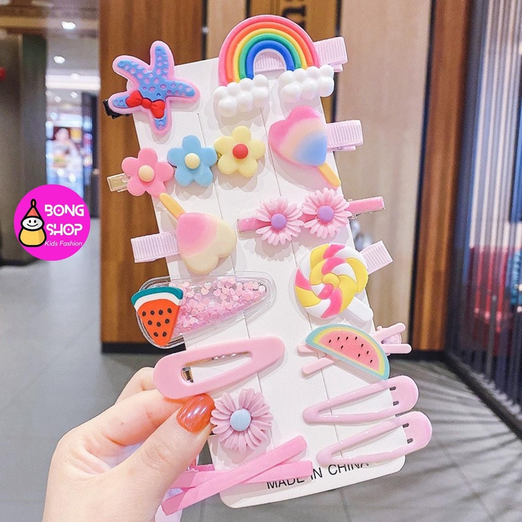 set 14 kẹp tóc hoạ tiết dễ thương cho bé