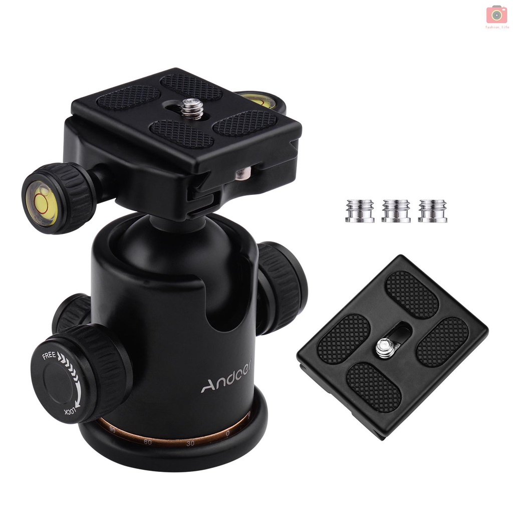 【fash】Andoer Aluminum Camera Panoramic Damper Ball Head Tripod Head 10KG Payload 360° Swivel 90° Flip with Quick Release Plate Scaled Plate Dual Bubble Level Universal 1/4in 3/8in Mounting