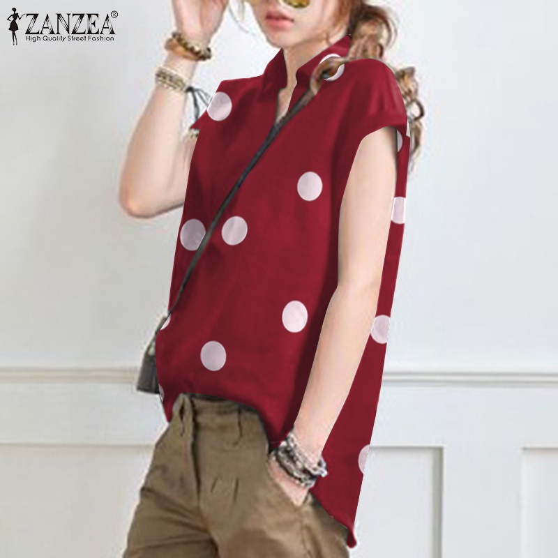 Áo sơ mi ZANZEA tay ngắn cổ bẻ họa tiết chấm bi phong cách Vintage dành cho nữ