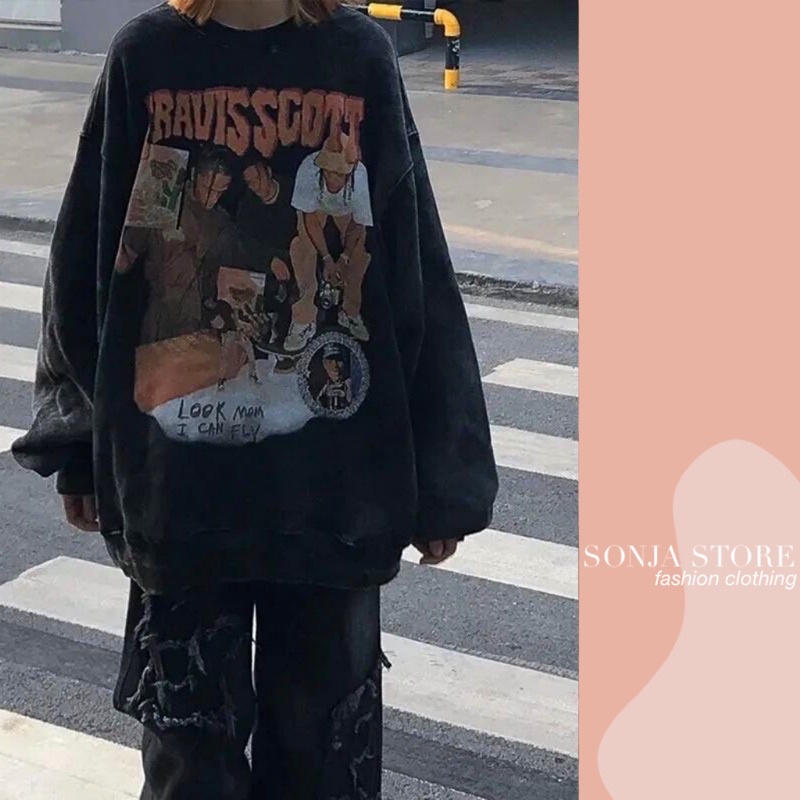 Áo sweater form rộng TRAVIS SCOTT Sonja Store - Áo nỉ tay dài dáng rộng cổ loang in chữ Travis scott | BigBuy360 - bigbuy360.vn