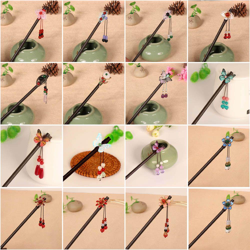 Trâm Cài Tóc Bằng Gỗ Mun Họa Tiết Hoa Phối Tua Rua Phong Cách Cổ Điển Thời Trang