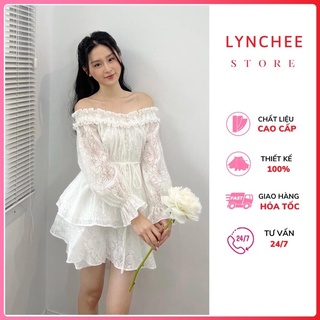 Váy trắng trễ vai bèo dáng xoè tiểu thư - Váy trễ vai dáng xòe chất lụa Organza hoa nổi sang chảnh cá tinh -Lynchee Shop