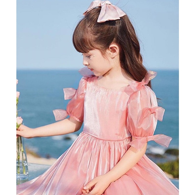 Váy công chúa nơ hồng organza mềm