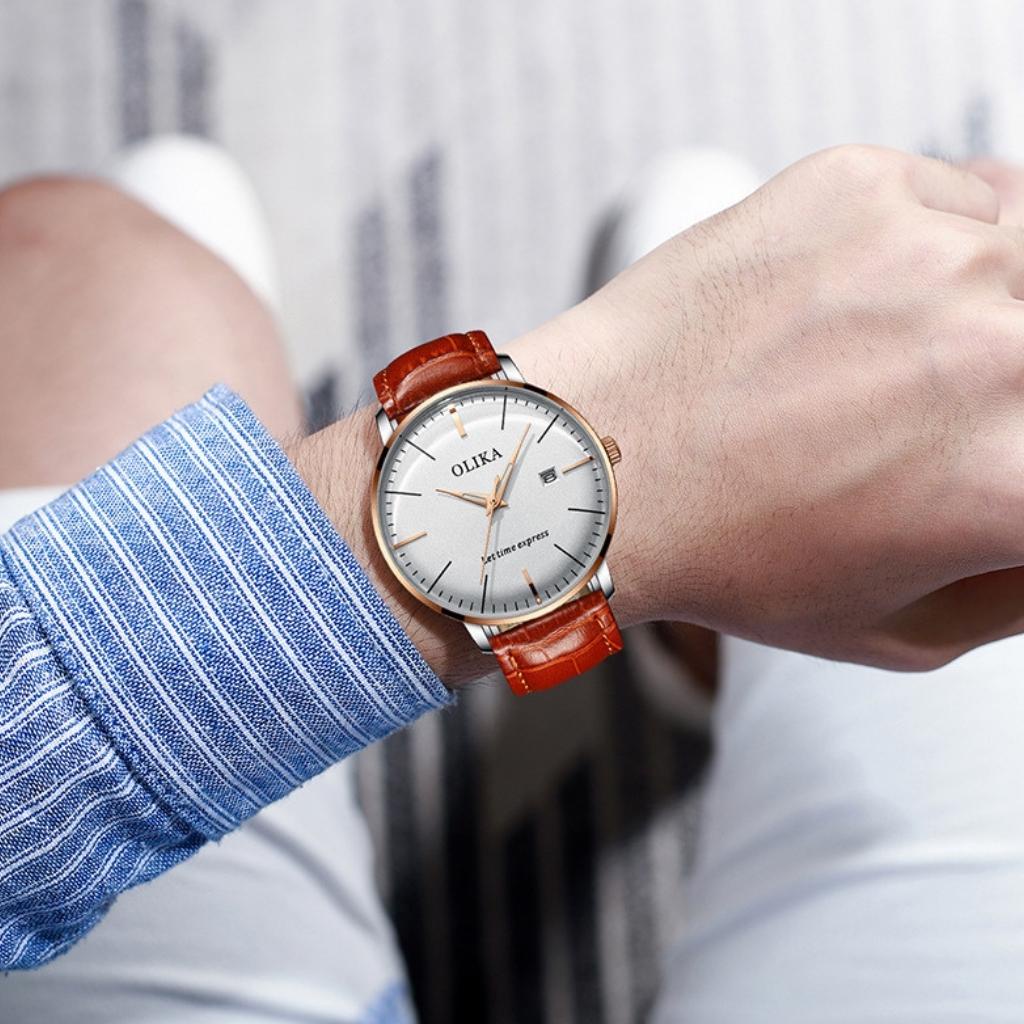 Đồng hồ nam chính hãng OLIKA-G5162, đồng hồ thời trang có lịch ngày với mặt kính cong thời trang
