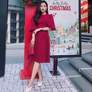 Đầm đỏ tay phồng xếp li