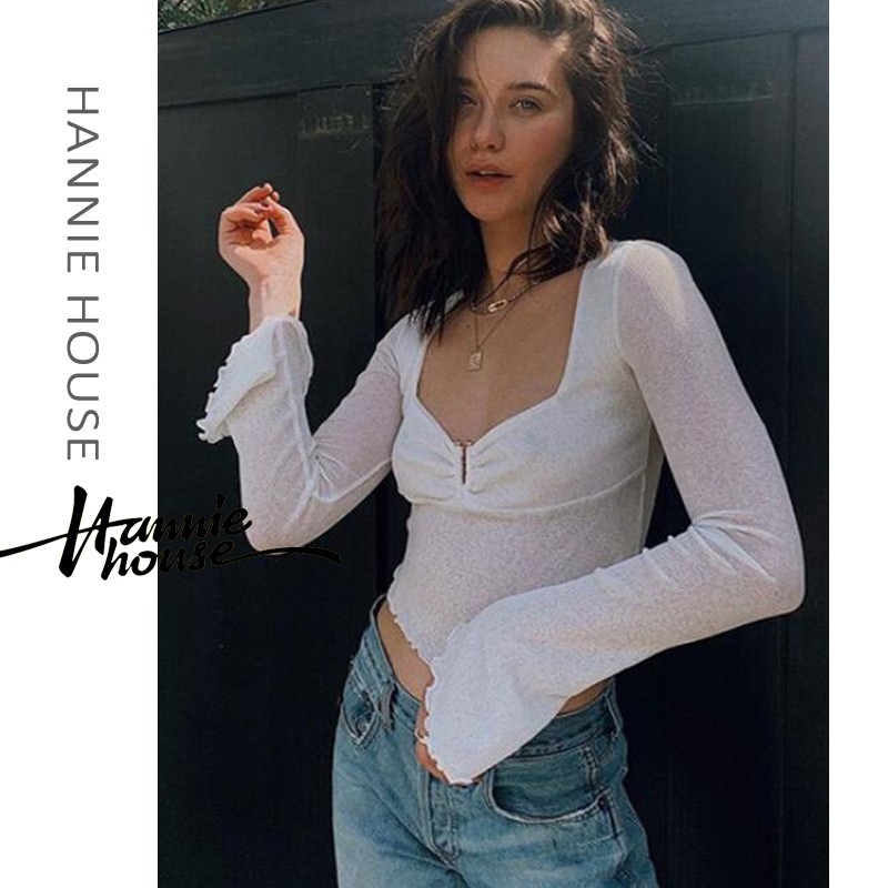 Áo Croptop Tay Dài Cổ Chữ V Xuyên Thấu Gợi Cảm Cho Nữ