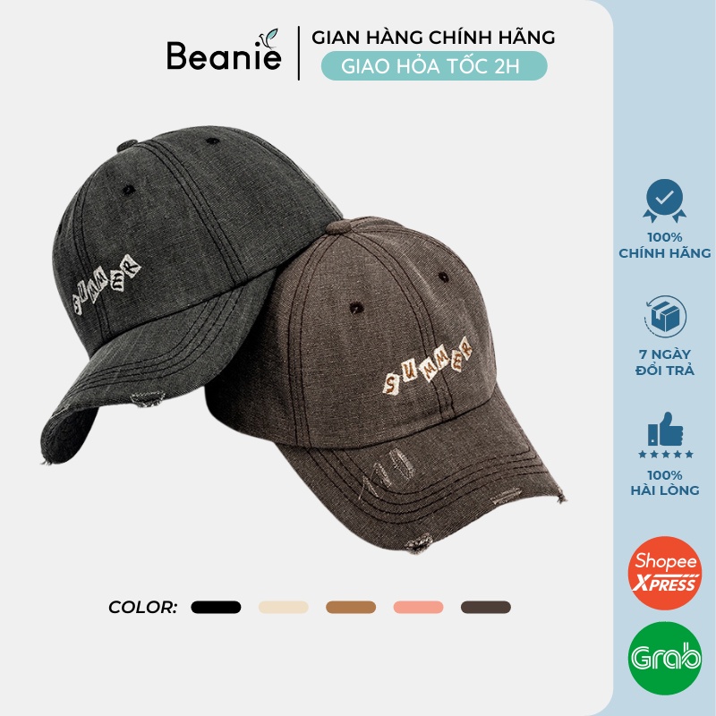 Mũ Lưỡi Trai Rách BEANIE Thêu Chữ SUMMER Vải Kaki Cao Cấp Unisex Nam Nữ, Nón Kết Lưỡi Chai Đẹp Hàn Quốc Màu Đen Be LT08