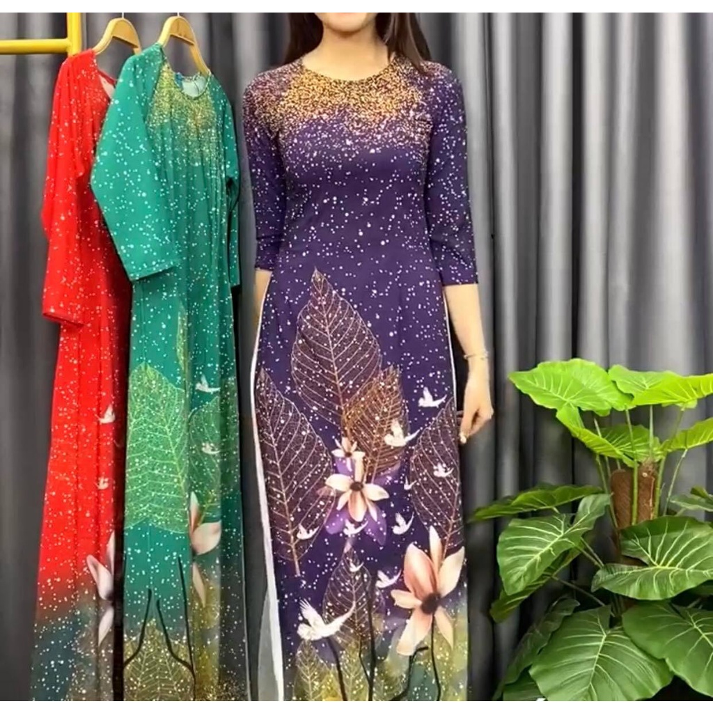 Áo dài truyền thống tay lỡ màu tím họa tiết hoa 3D size M (chỉ bao gồm ÁO)