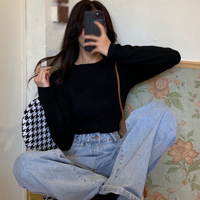 Áo thun tay dài cổ tròn màu trơn thời trang thanh lịch cho nữ