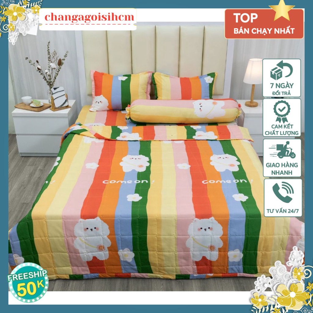 Bộ ga gối 1m6/1m8/2mx2m2,set 3 món vải cotton poly-changagoisihcm-MẪU GẤU CẦU VỒNG