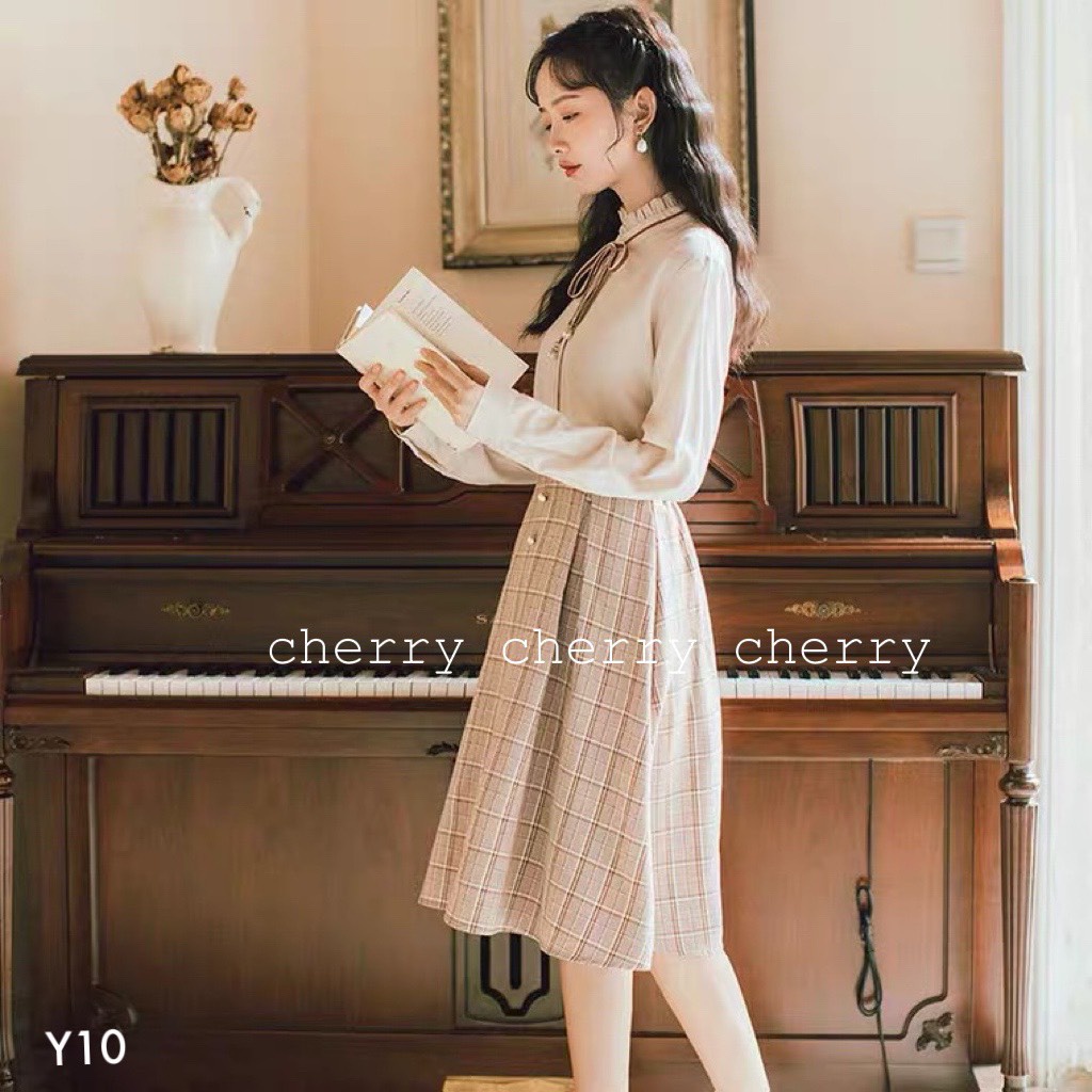 Sét đồ công sở cổ nơ váy kẻ Y10