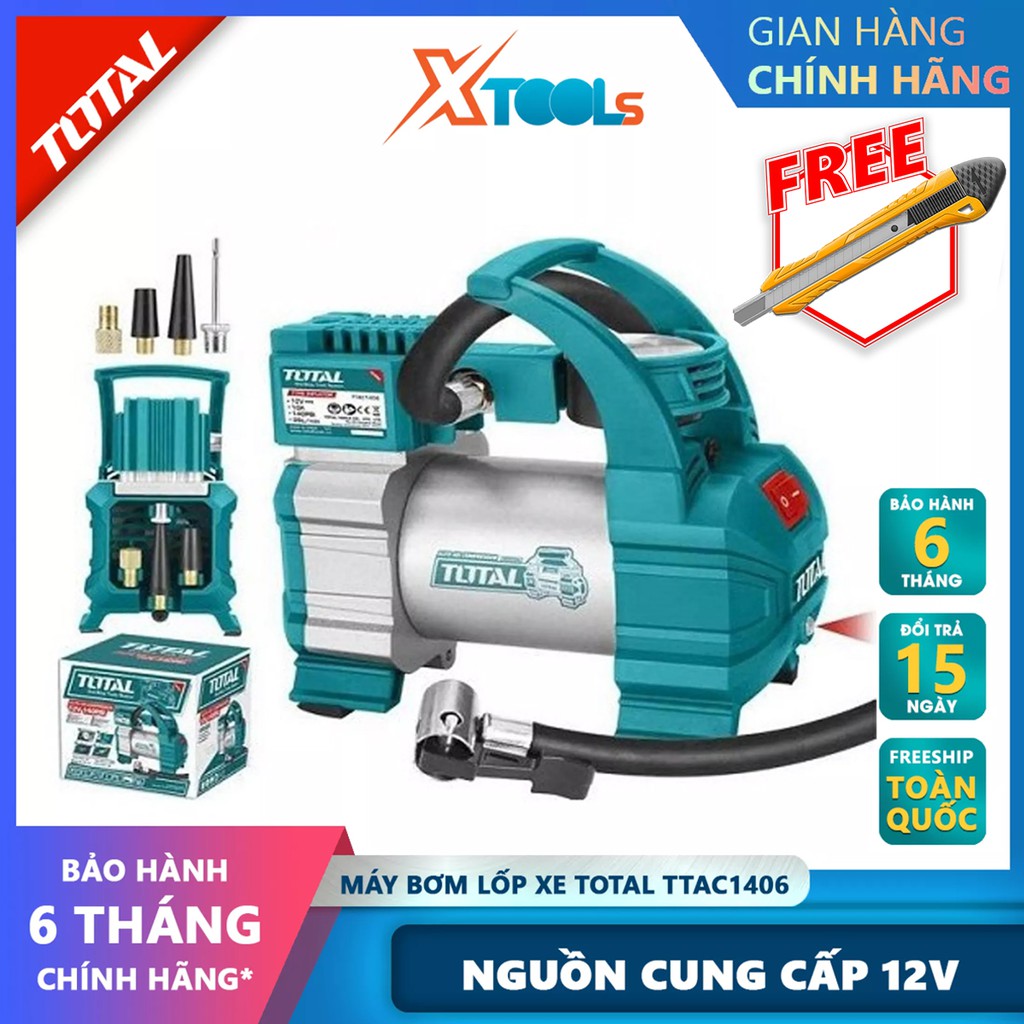 Dụng cụ kiểm tra hơi lốp xe TOTAL TTAC1406 máy bơm hơi 12V, Áp lực tối đa: 140PSI, 35L / phút, 10A, Cáp điện dài 3m