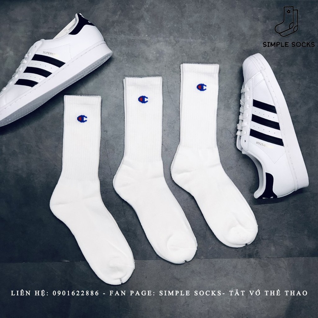 Vớ Champion Crew Socks Cổ Cao Có Đệm Gót Chân Thoáng Khí Khử Mùi💖SIMPLE SOCKS💖Tất Vớ Thể Thao Nam Nữ Champion Thời Trang