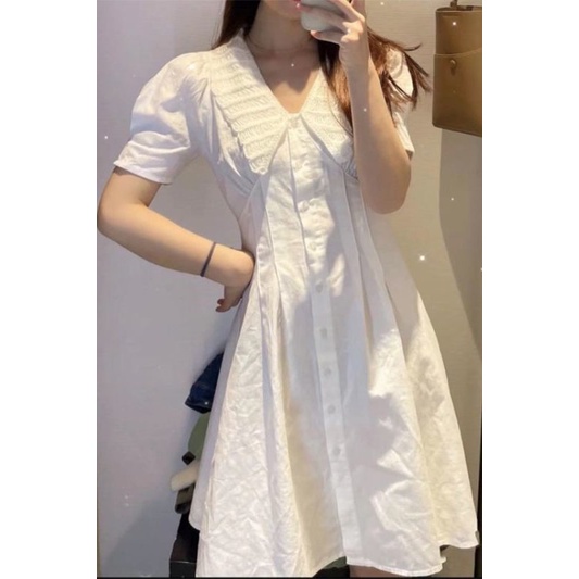 Đầm Trắng Cổ Chữ V Tay Phồng Thời Trang Xuân Hè Kiểu Pháp Mới Cho Nữ