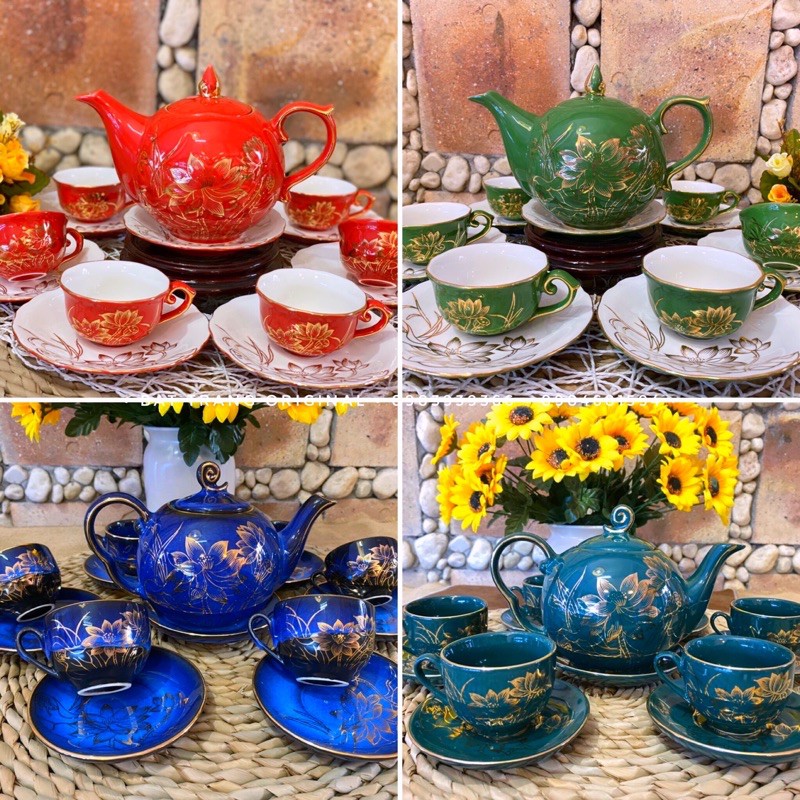 Bộ trà mẫu đơn khắc nổi vẽ sen vàng - Gốm sứ Bát Tràng - Ấm chén vẽ vàng kim
