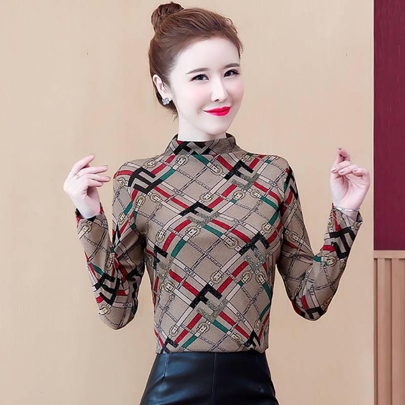 Áo thun tay dài cổ cao plus size cho phụ nữ trung niên