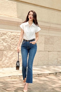 Sơ mi cotton lụa trắng vai chờm -HBSM760