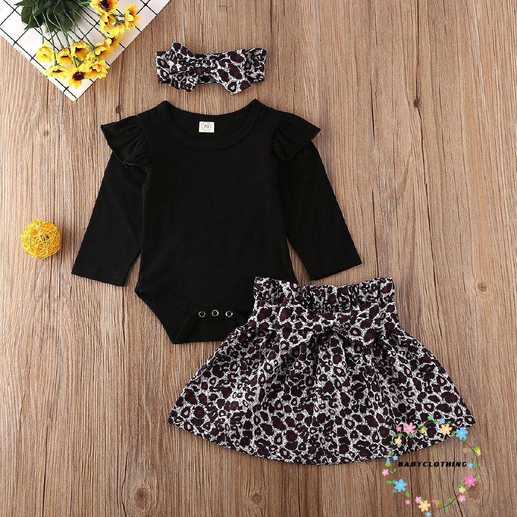 ღWSVღNewborn Baby Girl Autumn Winter Long Sleeve Romper Bodysuit Leopard Skirt Headband Outfits Set