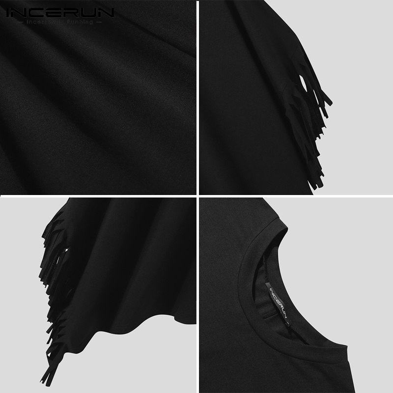 Áo thun kiểu INCERUN tay cánh dơi phối tua rua màu đen thời trang cá tính dành cho nam