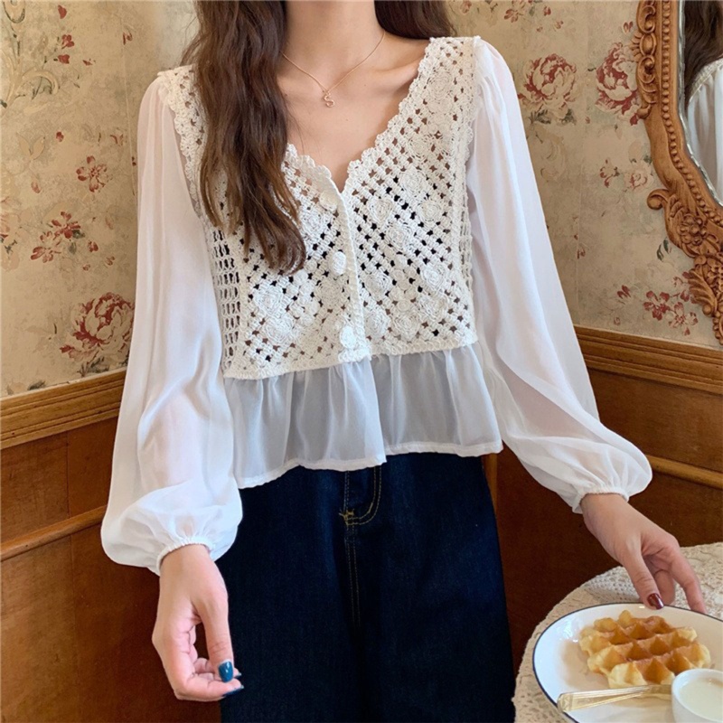 Áo Vest Đan Len Peplum Dệt Kim Tay Dài Phồng Cổ Chữ V Phối Bèo Thời Trang Cho Nữ