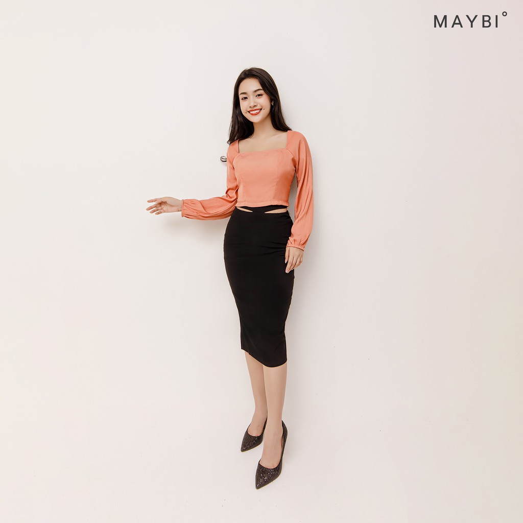MAYBI - Áo hồng cổ vuông tay phồng dài