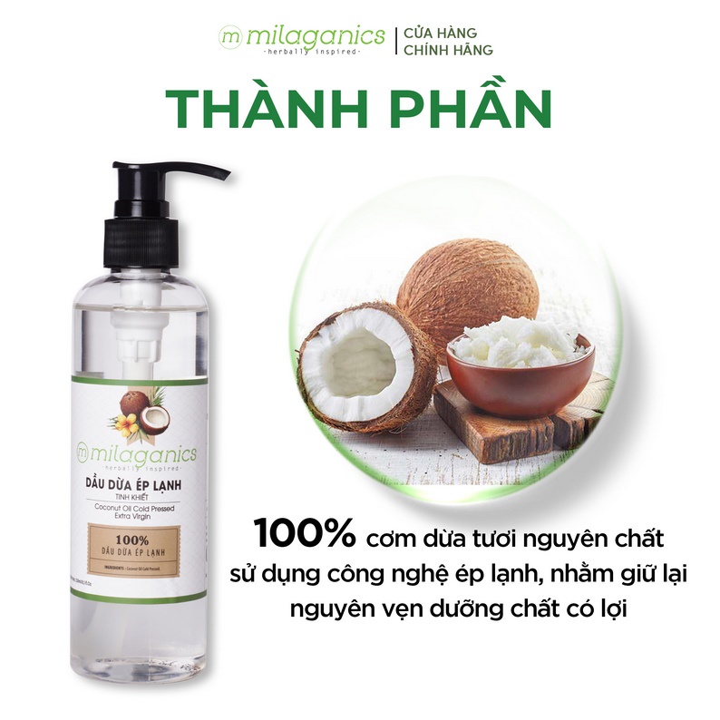 Dầu dừa ép lạnh tinh khiết 3 dưỡng Da - Tóc - Môi MILAGANICS 250ml thành phần tự nhiên, dưỡng ẩm chuyên sâu