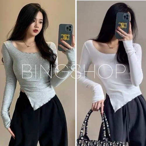 Áo thun tăm cuốn viền vạt chéo dáng body cổ U Bingshop
