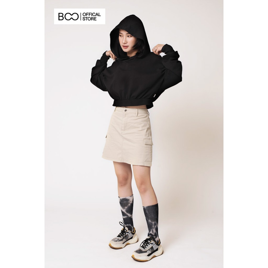 Áo hoodie nữ BOO nỉ có mũ, dáng croptop