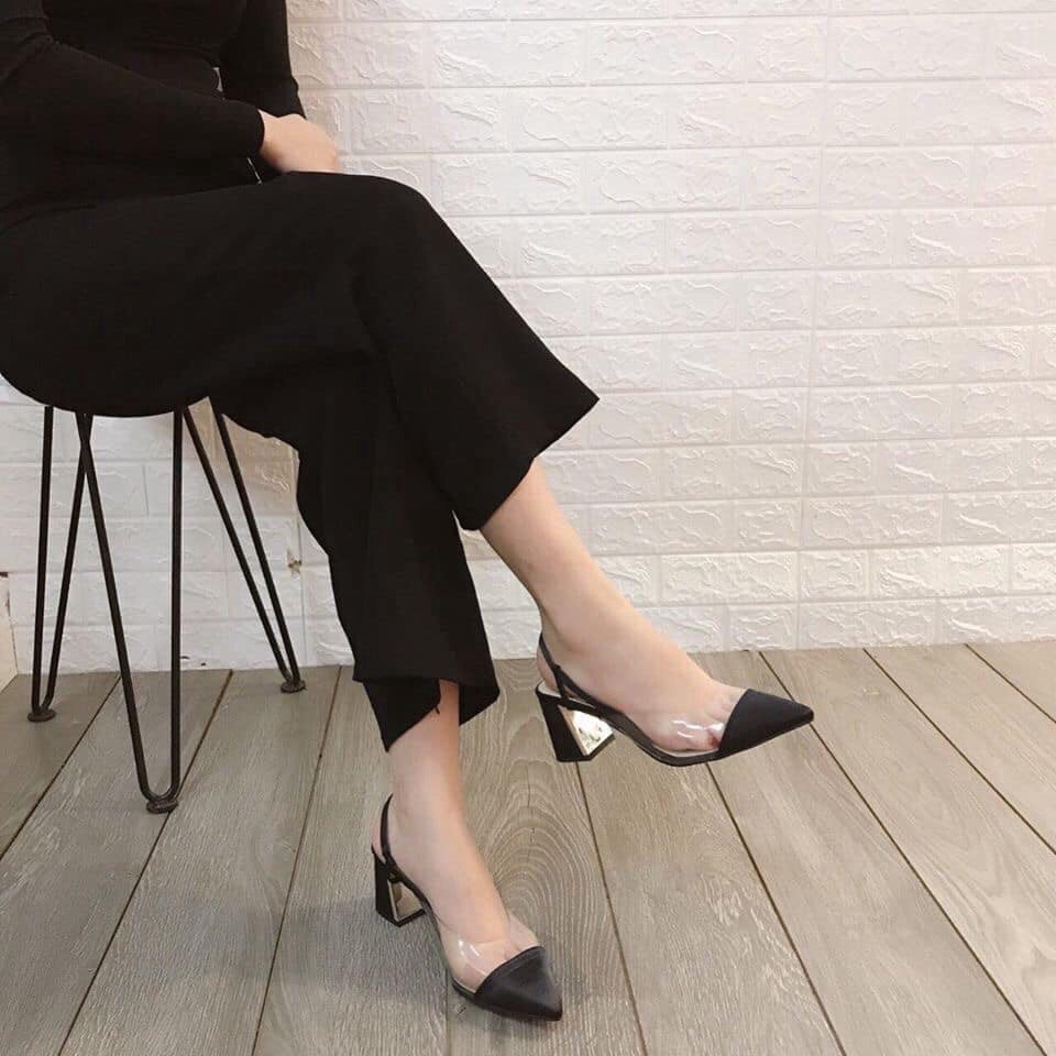 Sandal Quai Trong Phối Mũi Đen Quai Chun Sau H8 và Guốc H6 Mũi Đen Viền Mika trong