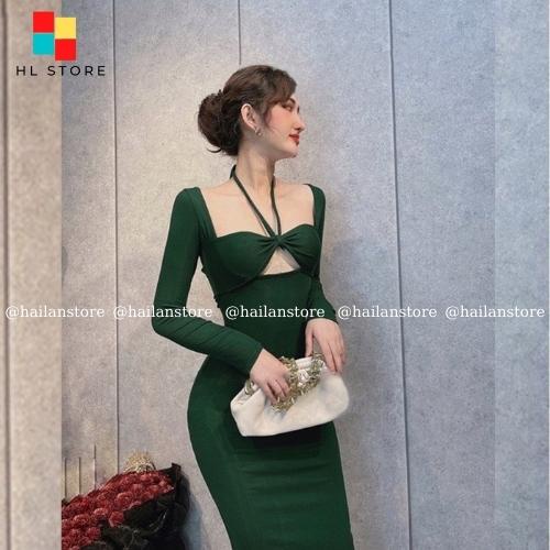 Đầm body sexy tay dài ❤️ Đầm dáng ôm khoét ngực dây yếm cột cổ chất liệu thun gân co giãn tốt freesize dưới 55kg SE01