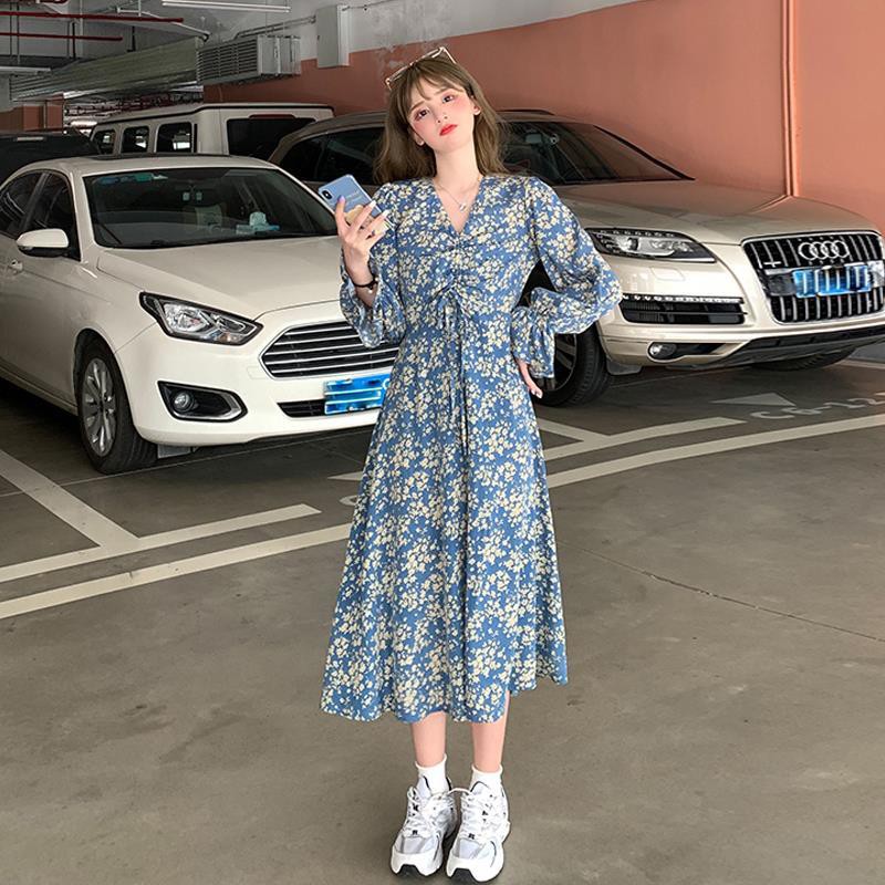 Women's Fashion Classic French Retro Classic Floral Print Long Sleeve V-neck Dress