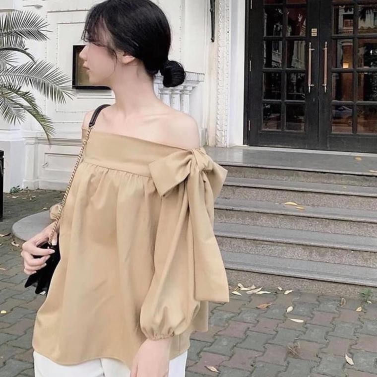 Áo trễ vai đũi Hàn tay nơ lệch vai, áo kiểu vai trễ buộc nơ lệch 1 bên phong cách Hàn Quốc - AK03 | BigBuy360 - bigbuy360.vn