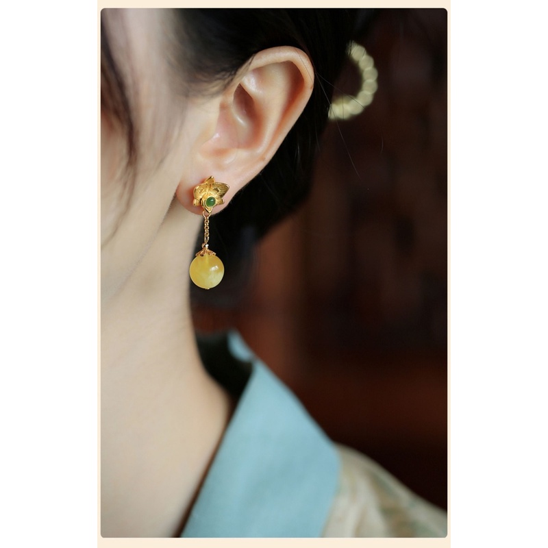 Khuyên Tai Bạc Đính Đá Hổ Phách Cao Cấp Phong Cách Trung Hoa Cho Nữ