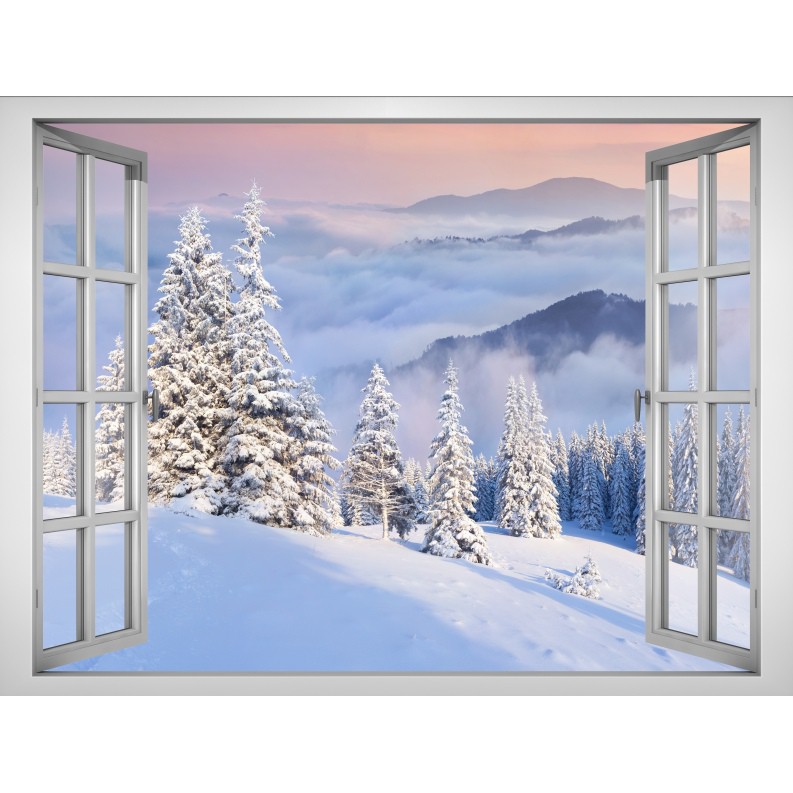 Tranh dán tường cửa sổ 3D Cảnh đẹp mùa đông VTC VT0043