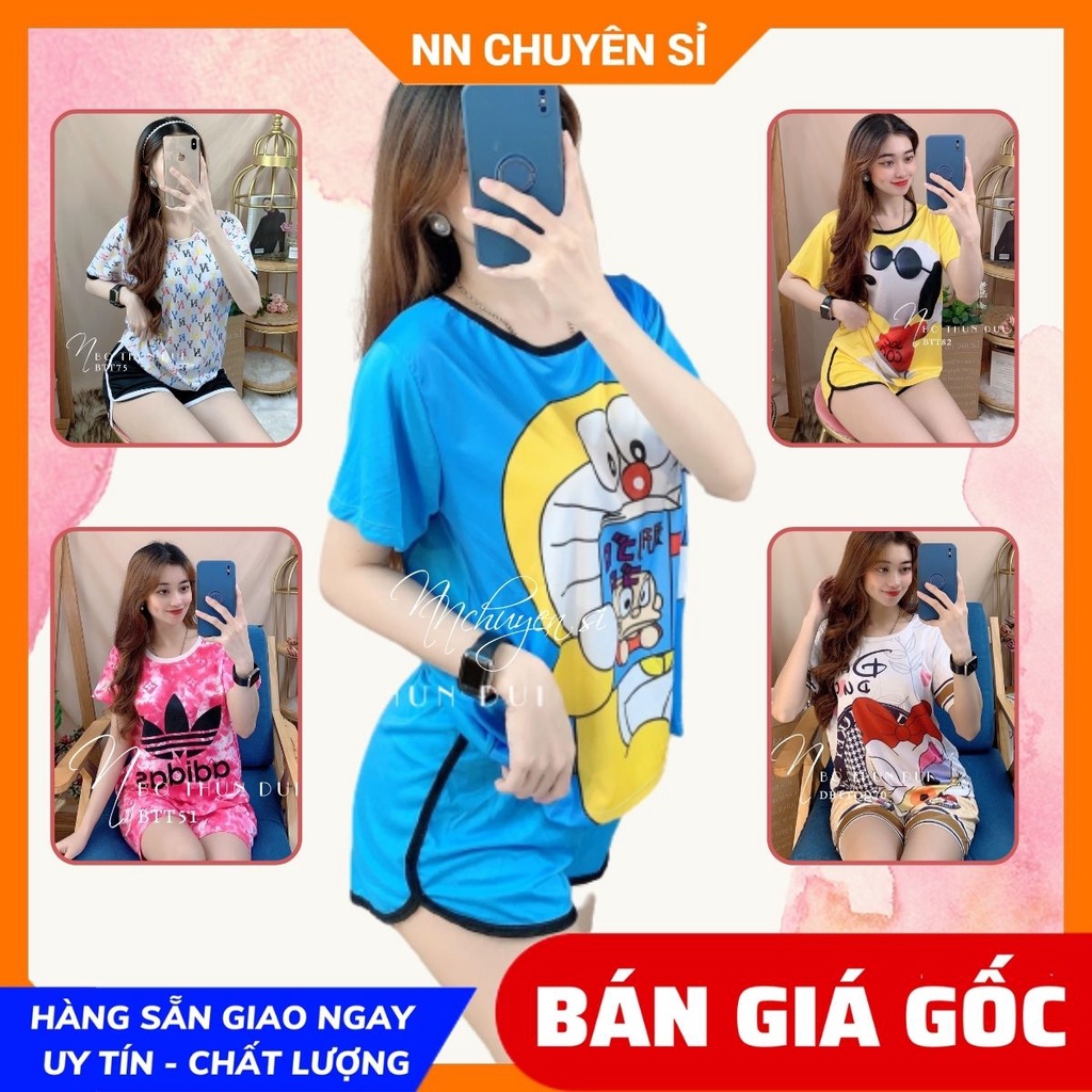 Đồ bộ nữ mặc nhà chất thun mềm mịn mát in hình gấu in bò sữa in hoạt hình loang màu dễ thương BTT thun đùi tổng hợp