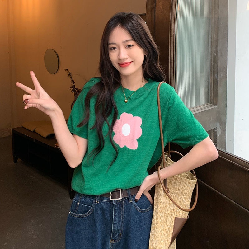 Áo thun COZOKC dệt kim tay ngắn dáng ôm in họa tiết hoa thời trang mùa hè cho nữ