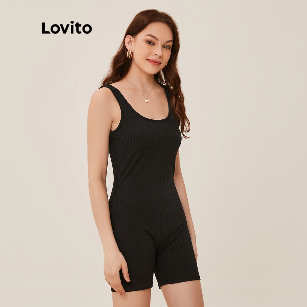 Lovito Bộ Áo Liền Quần Cơ Bản Màu Đen Lovito L20D396